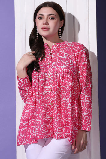 Womens Pink Cotton Floral Printed Shirt Style Top