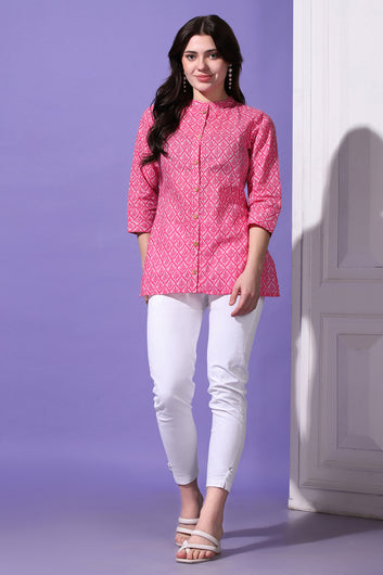 Womens Pink Cotton Block Printed Shirt Style Top