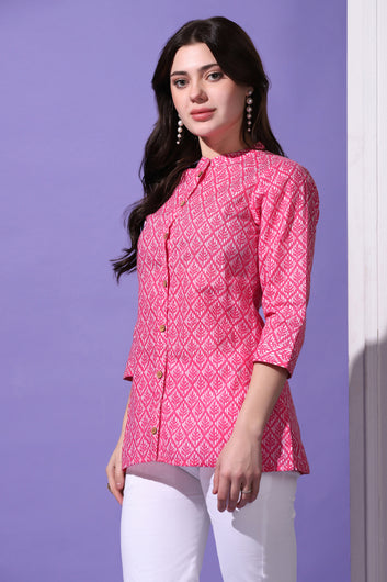 Womens Pink Cotton Block Printed Shirt Style Top