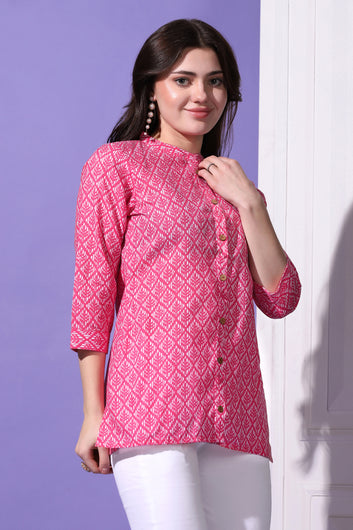 Womens Pink Cotton Block Printed Shirt Style Top