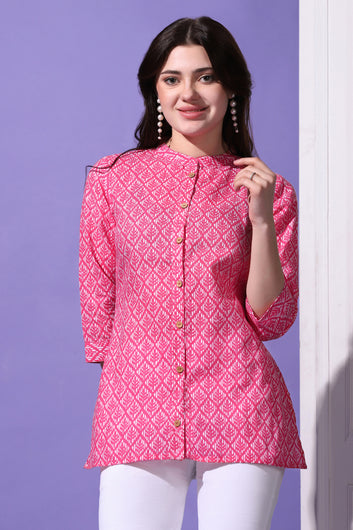 Womens Pink Cotton Block Printed Shirt Style Top