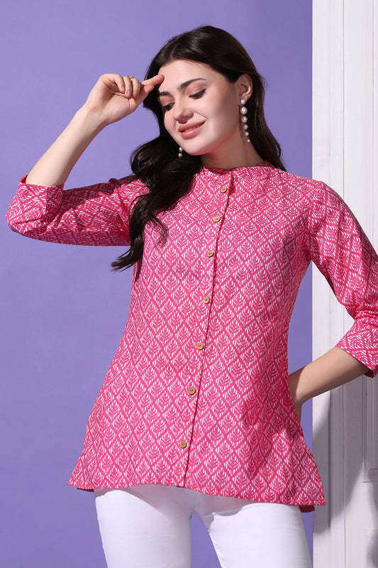 Womens Pink Cotton Block Printed Shirt Style Top