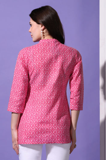 Womens Pink Cotton Block Printed Shirt Style Top