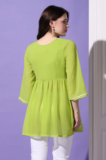 Womens Parrot Green Embroidered Georgette Casual Tunic Top