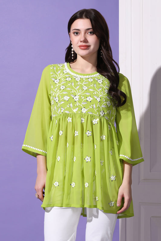 Womens Parrot Green Embroidered Georgette Casual Tunic Top