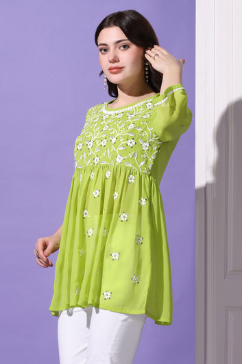 Womens Parrot Green Embroidered Georgette Casual Tunic Top