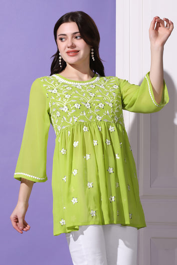 Womens Parrot Green Embroidered Georgette Casual Tunic Top