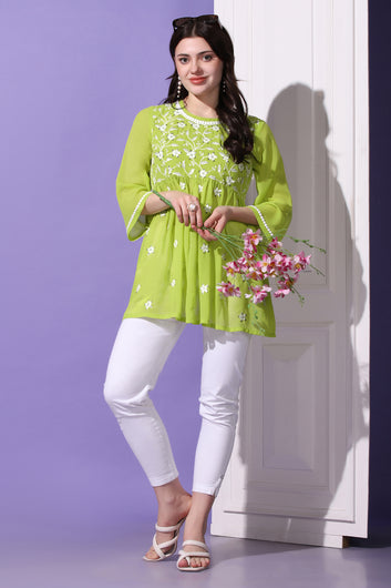 Womens Parrot Green Embroidered Georgette Casual Tunic Top