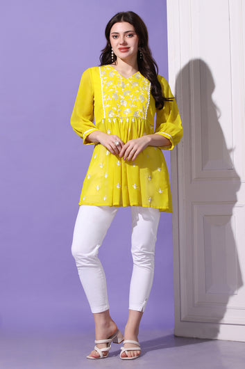 Womens Lemon Yellow Embroidered Georgette Casual Tunic Top