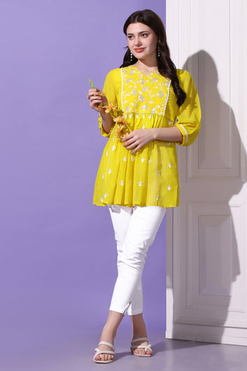 Womens Lemon Yellow Embroidered Georgette Casual Tunic Top