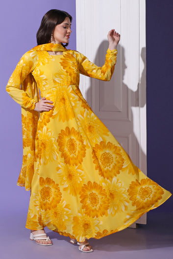 Womens Georgette Floral Printed Dress With Dupatta Set