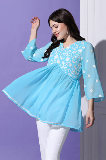 Womens Sky Embroidered Georgette Tunic Top