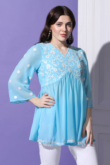 Womens Sky Embroidered Georgette Tunic Top