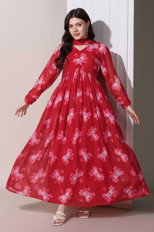 Womens Red Georgette Floral Printed Maxi Length Dress With Dupatta