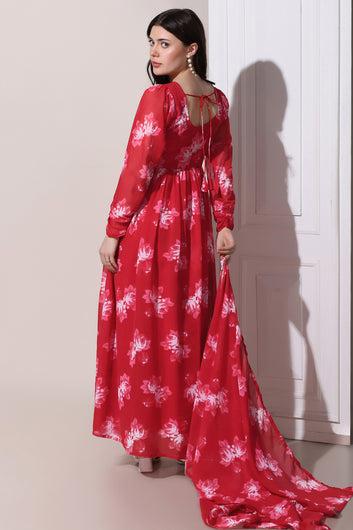 Womens Red Georgette Floral Printed Maxi Length Dress With Dupatta