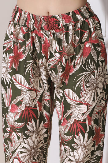 Womens Green Muslin Floral Printed Kurta With Trouser Set