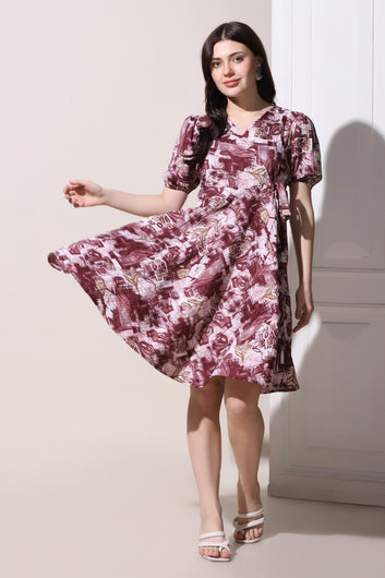 Womens Wine Sugarcane All-Over Printed Above Knee Length Dress
