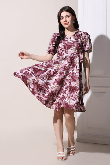 Womens Wine Cotton Blend All-Over Printed Above Knee Length Dress