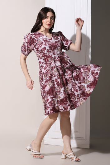 Womens Wine Sugarcane All-Over Printed Above Knee Length Dress