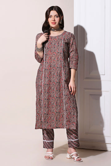 Womens Brown Cotton All-Over Printed Kurta With Pant Set