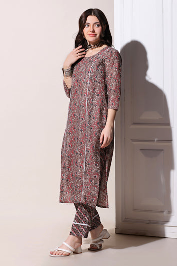 Womens Brown Cotton All-Over Printed Kurta With Pant Set