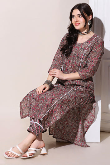 Womens Brown Cotton All-Over Printed Kurta With Pant Set