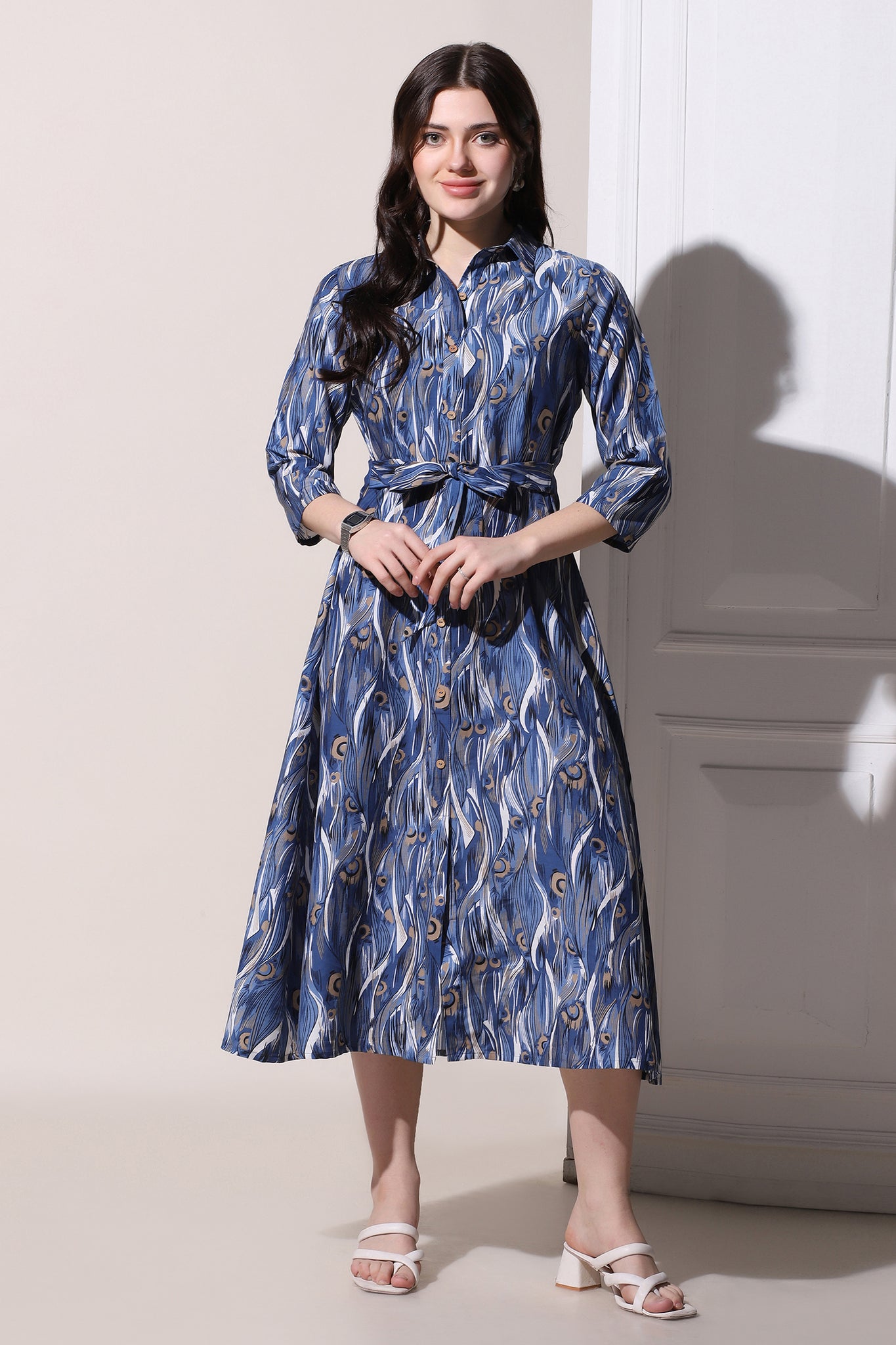 Womens Blue Muslin All-over Printed Calf Length Dress