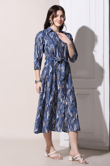 Womens Blue Muslin All-over Printed Calf Length Dress