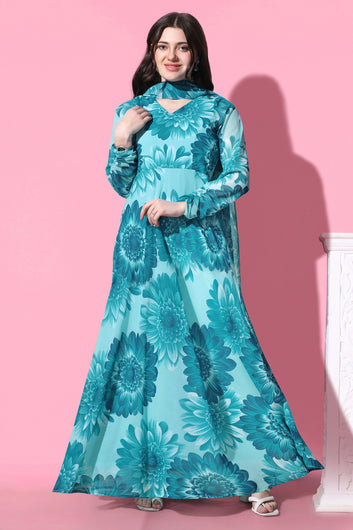 Womens Georgette Floral Printed Dress With Dupatta Set