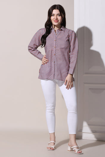 Womens Grey Cotton Block Printed Shirt Style Top