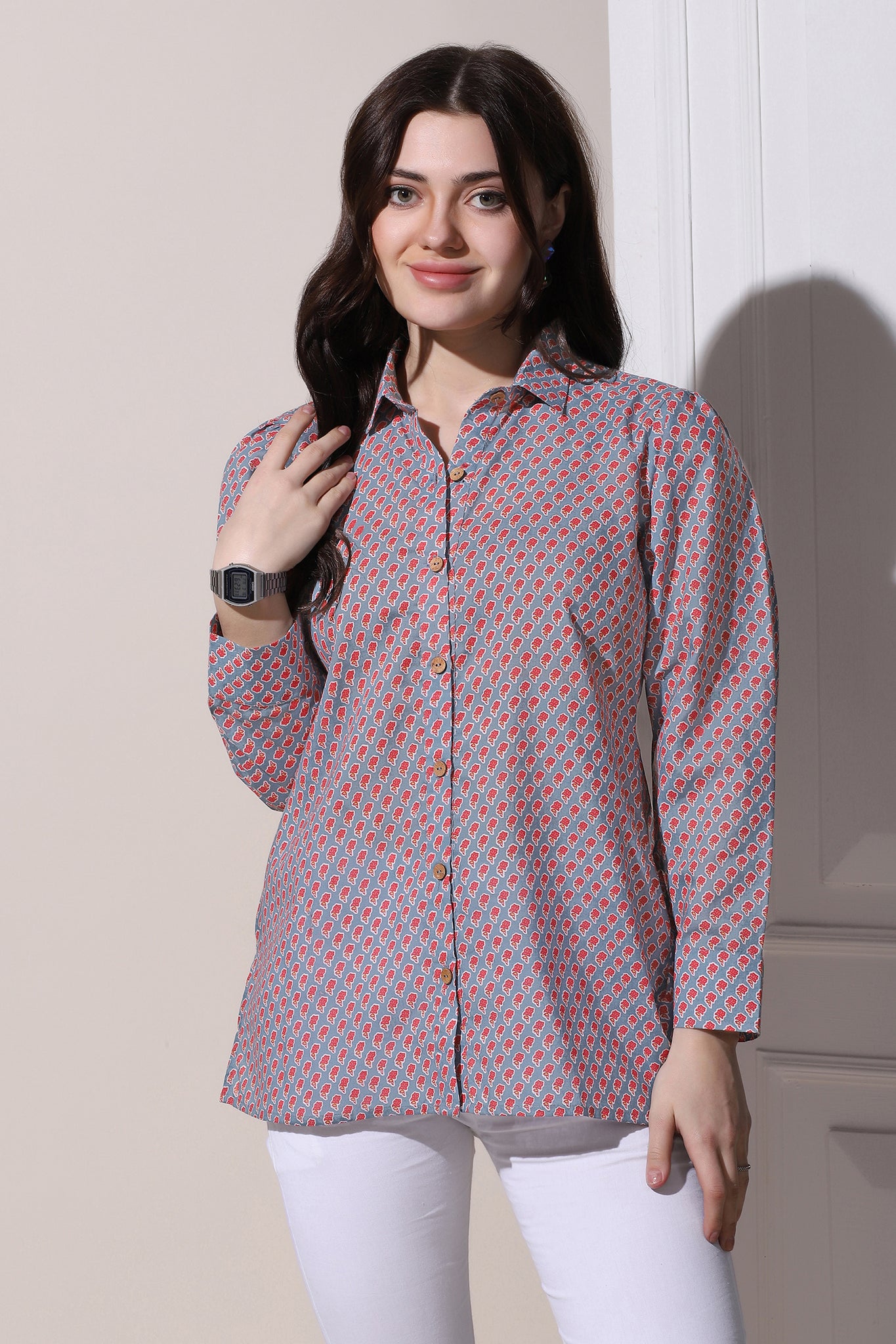 Womens Grey Cotton Block Printed Shirt Style Top