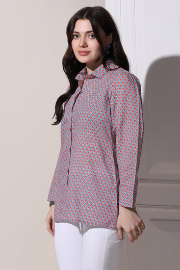 Womens Grey Cotton Block Printed Shirt Style Top