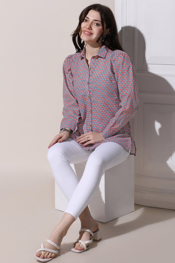 Womens Grey Cotton Block Printed Shirt Style Top