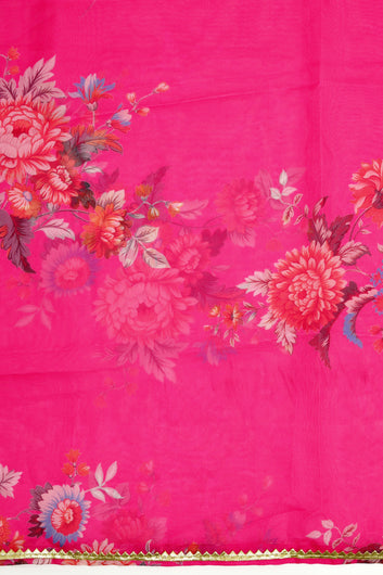 Womens Pink Organza Floral Printed Maxi Length Dress With Dupatta Set