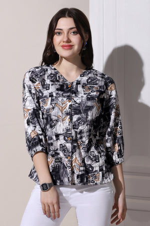 Womens Black Cotton Blend All-Over Printed Casual Top
