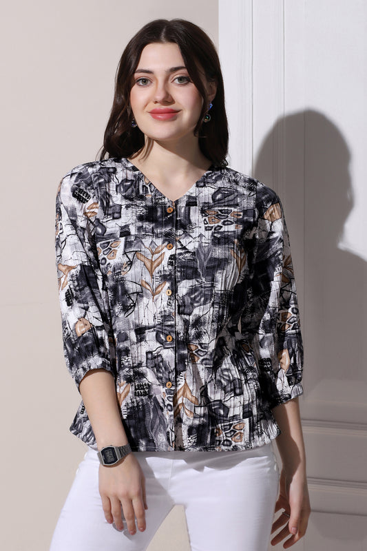 Womens Black Sugarcane All-Over Printed Casual Top