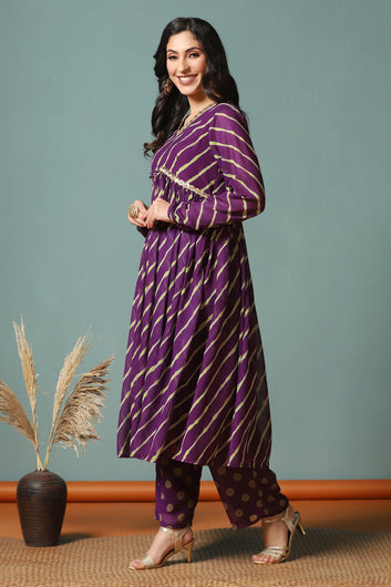 Women's Dark Purple Georgette Leheriya Printed Kurta with Pant Set