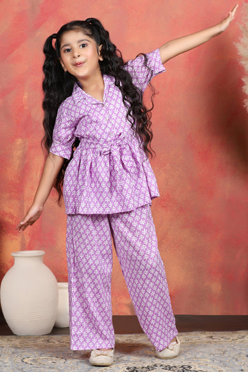 Girl's Purple Cotton Blend Printed Co-ord Set