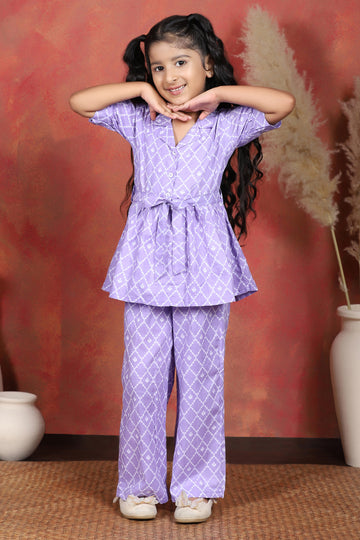 Girl's Purple Cotton Blend Printed Co-ord Set