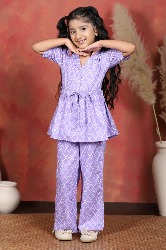 Girl's Purple Cotton Blend Printed Co-ord Set