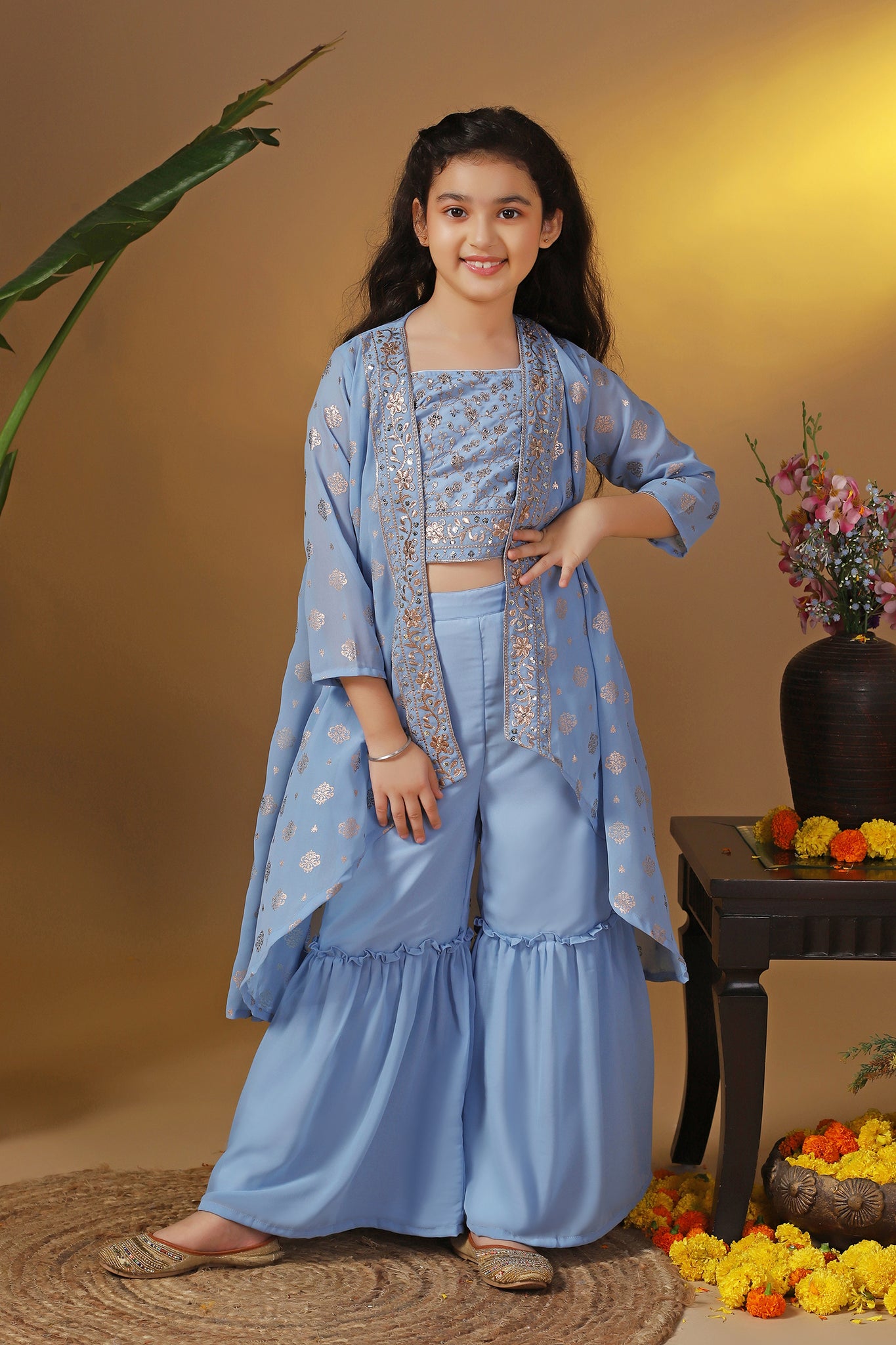 Girls Sky Blue Georgette Printed Shrug, Crop Top With Palazzo Set