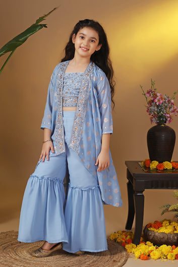 Girls Sky Blue Georgette Printed Shrug, Crop Top With Palazzo Set