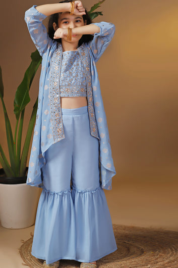 Girls Sky Blue Georgette Printed Shrug, Crop Top With Palazzo Set