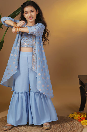 Girls Sky Blue Georgette Printed Shrug, Crop Top With Palazzo Set