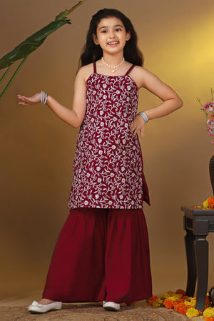 Girls Maroon Silk Blend Embroidered Straight Kurta With Sharara Set