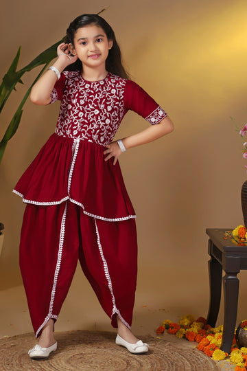 Girls Maroon Silk Blend Embroidered Flared Peplum Style Kurta With Dhoti Set