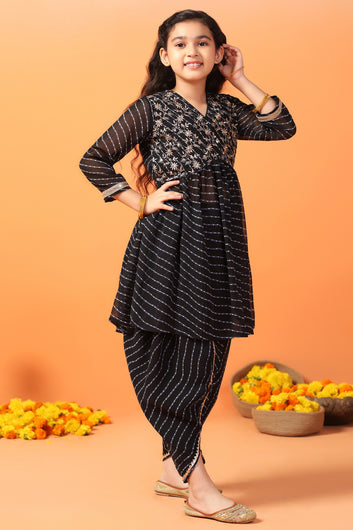 Girls Black Georgette Leheriya Printed Kurta With Dhoti Pant Set