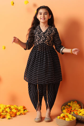 Girls Black Georgette Leheriya Printed Kurta With Dhoti Pant Set