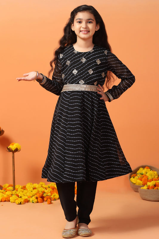 Girls Black Georgette Leheriya Printed Kurta With Palazzo Set