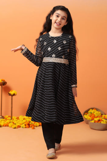 Girls Black Georgette Leheriya Printed Kurta With Palazzo Set